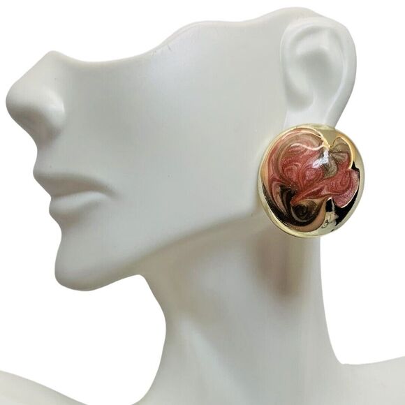 Don Lin Pink & Gold Swirl Large Statement Earrings 1 1/8" 80s Signed Buttons - Picture 3 of 11